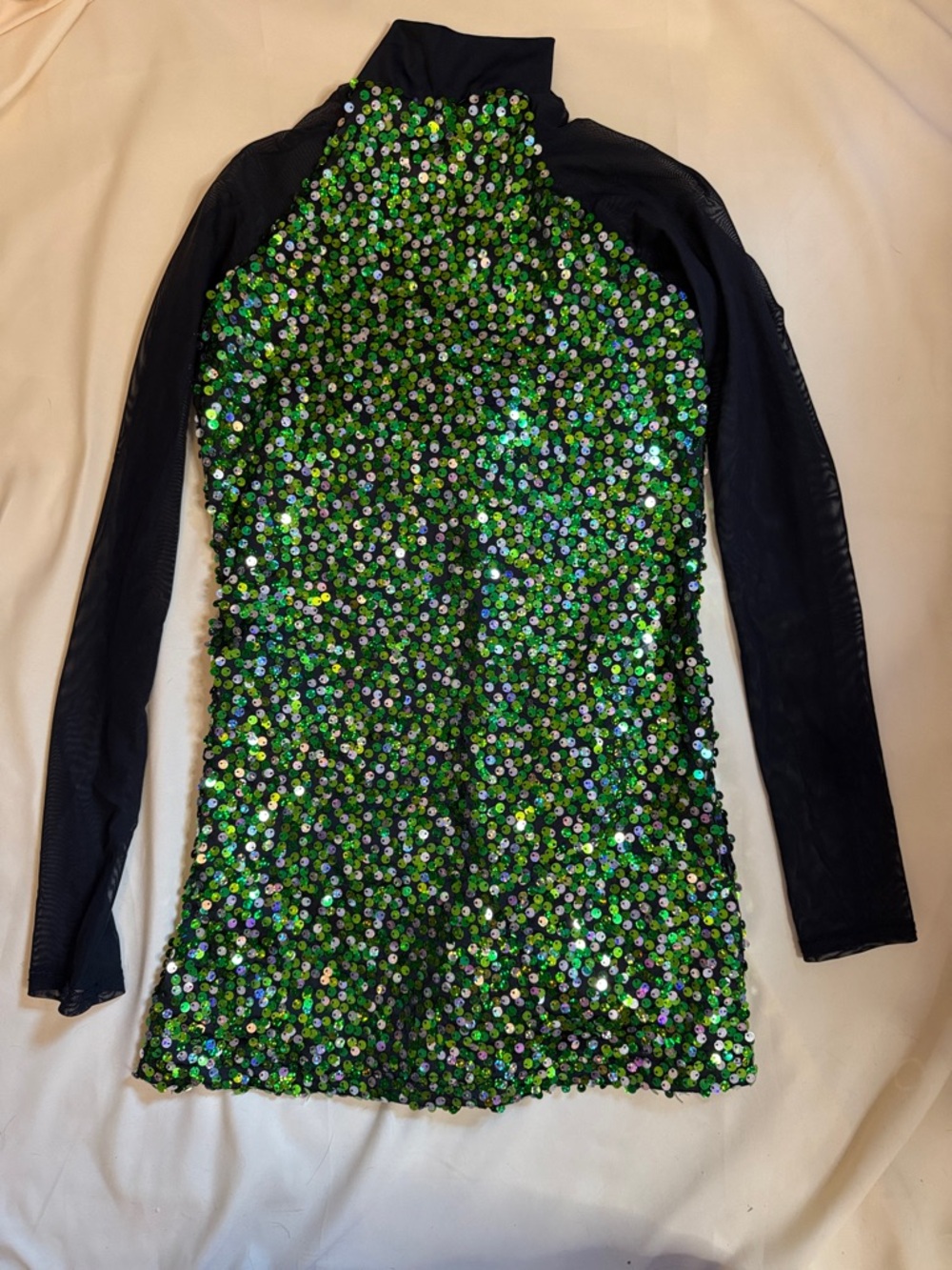Weissman Green Sequin Dance Costume with Black Mesh Sleeves